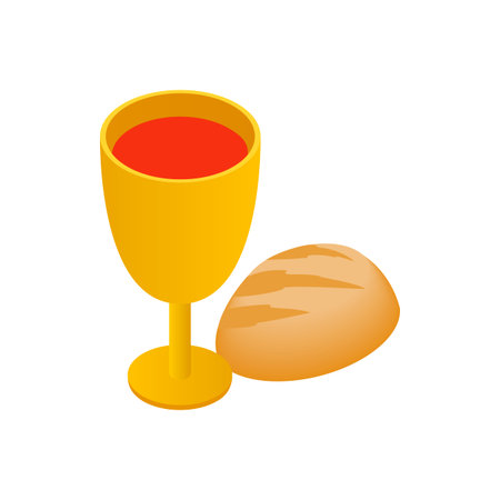 Chalice with wine, piece of bread isometric 3d icon on a white backgroundのイラスト素材