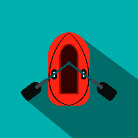 Red inflatable boat with oars flat icon on a blue backgroundのイラスト素材