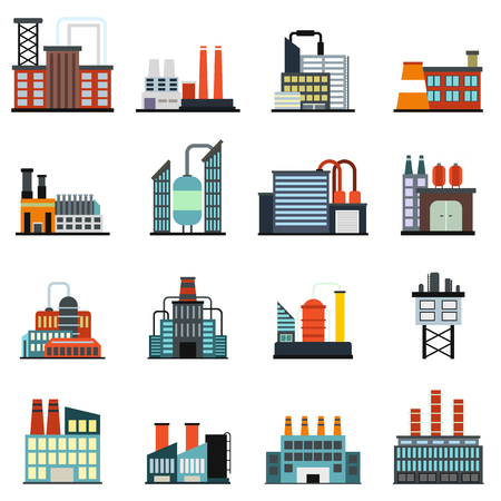 Industrial building factory flat icons set isolated on white backgroundのイラスト素材