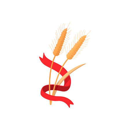Two stalks of ripe barley with red ribbon cartoon icon on a white backgroundのイラスト素材