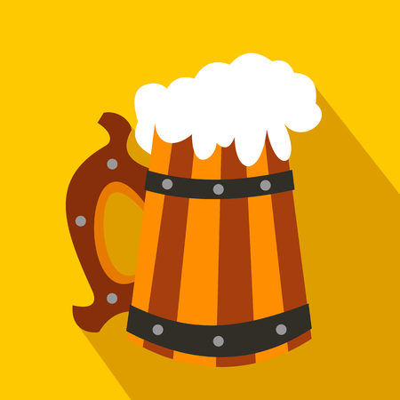 Wooden mug with beer flat icon on a yellow backgroundのイラスト素材