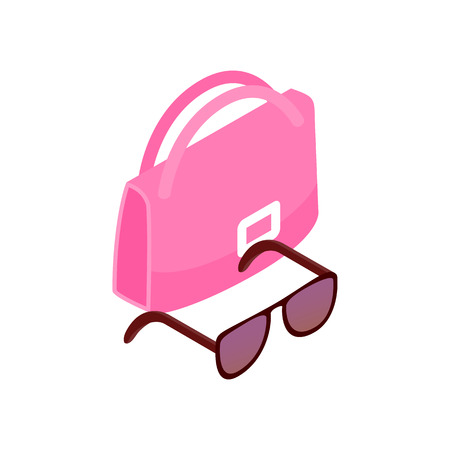 Pink Italian bag and black glasses icon in isometric 3d style on a white backgroundのイラスト素材