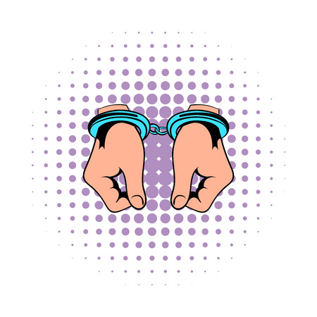Hands in handcuffs  icon in comics style on a white backgroundのイラスト素材