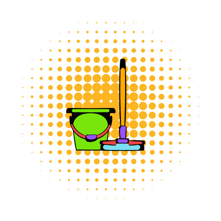 Bucket with a mop comics icon isolated on a white backgroundのイラスト素材