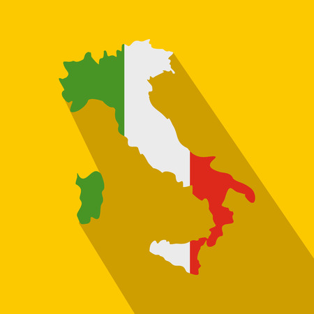 Map of Italy with national flag icon in flat style on yellow backgroundのイラスト素材