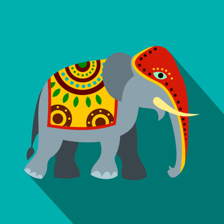 Decorated elephant icon in flat style on a blue backgroundのイラスト素材