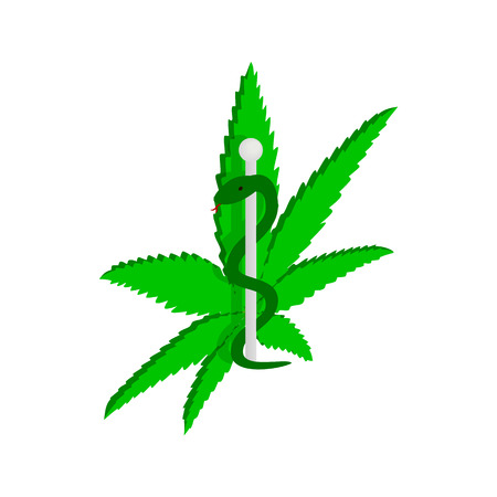Marijuana leaf with Rod of Asclepius icon in isometric 3d style on a white backgroundのイラスト素材