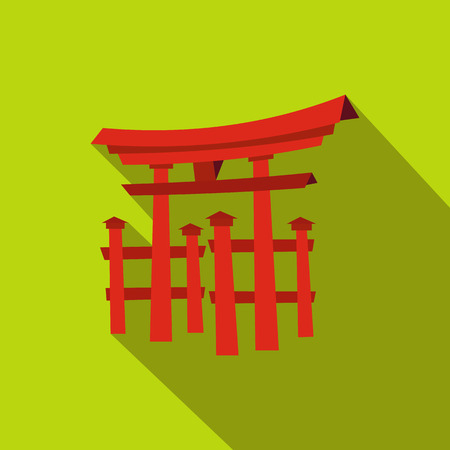 Floating Torii gate, Japan icon in flat style on a green backgroundのイラスト素材