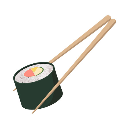 Sushi roll icon on white background in cartoon style. Chopsticks holding sushi rollのイラスト素材