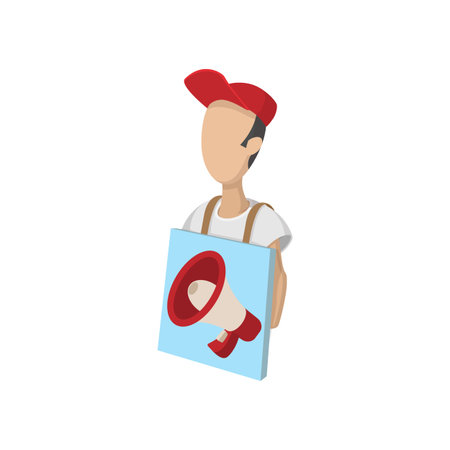 Sandwich board man icon, cartoon style, isolated on white. Street advertising conceptのイラスト素材