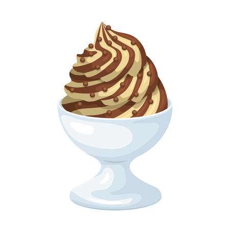 Vanilla ice cream with chocolate sauce in bowl icon in cartoon style on a white backgroundのイラスト素材