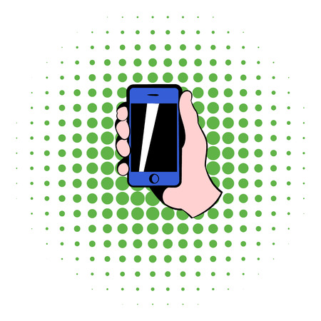 Smartphone in hand icon in comics style isolated on white backgroundのイラスト素材
