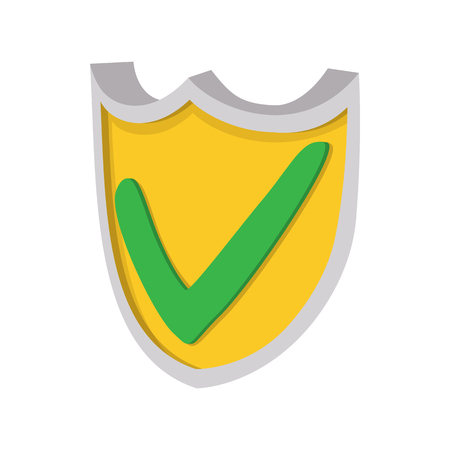 Yellow shield with green tick icon in cartoon style on a white backgroundのイラスト素材