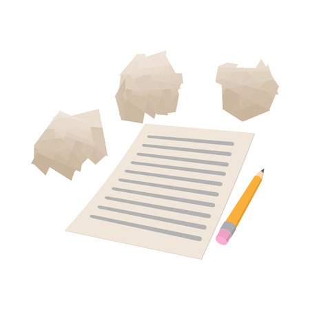 White sheet of paper and crumpled paper icon in cartoon style on a white backgroundのイラスト素材
