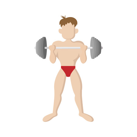 Man raises barbell icon in cartoon style on a white backgroundのイラスト素材