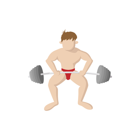 Man doing heavy duty squats with barbell icon in cartoon style on a white backgroundのイラスト素材