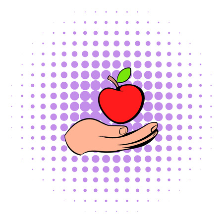 A hand giving a red apple icon in comics style on a white backgroundのイラスト素材