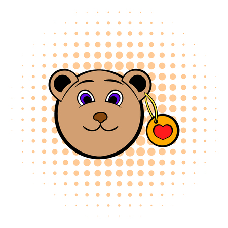 Head of a teddy bear with a heart label icon in comics style on a white backgroundのイラスト素材