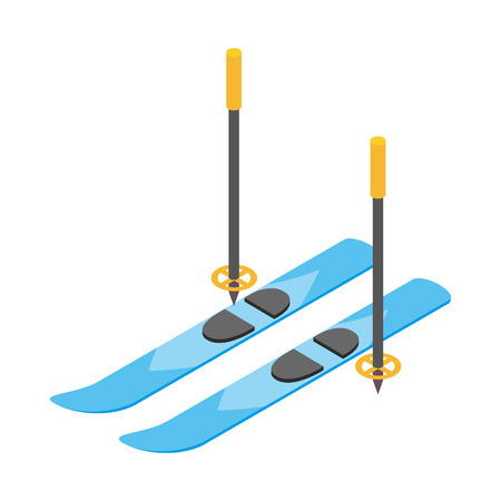 Blue skis and ski poles icon in isometric 3d style on a white backgroundのイラスト素材