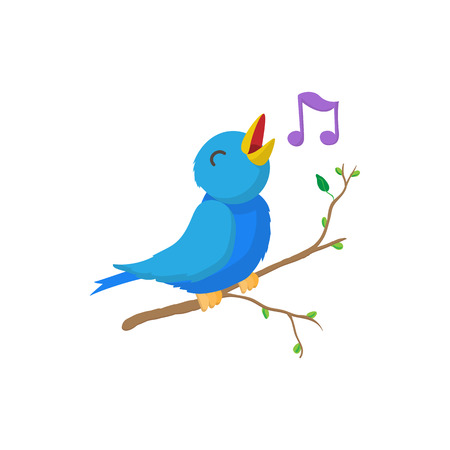 Singing bird icon in cartoon style isolated on white background. Bird sings on branchのイラスト素材