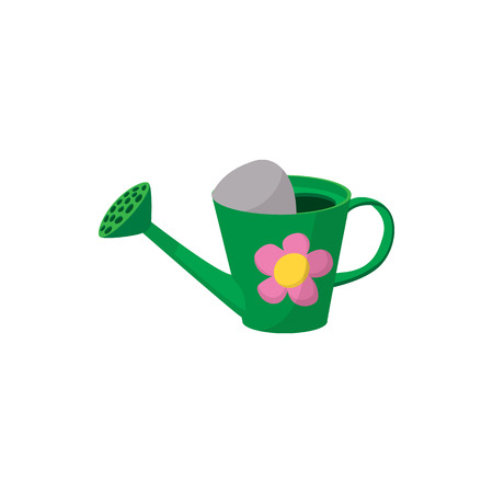 Watering can icon in cartoon style isolated on white background. Green watering can with a flowerのイラスト素材