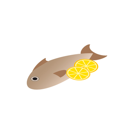 Fish dish icon in isometric 3d style isolated on white background. Fried fish with lemon dish iconのイラスト素材