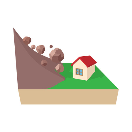 House hit by rockfall icon in cartoon style on a white backgroundのイラスト素材