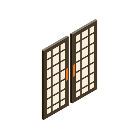 Japanese style double doors icon in isometric 3d style isolated on white backgroundのイラスト素材