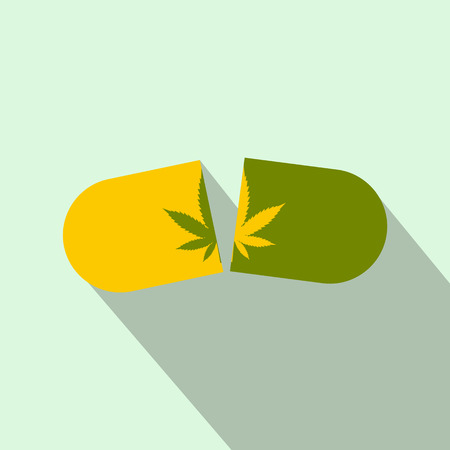 Medicine cannabis capsule pill in two halfs icon in flat style on light green backgroundのイラスト素材