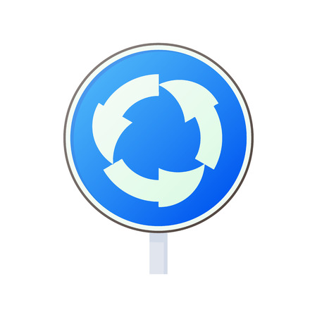Blue round road sign with white arrows icon in cartoon style on a white backgroundのイラスト素材