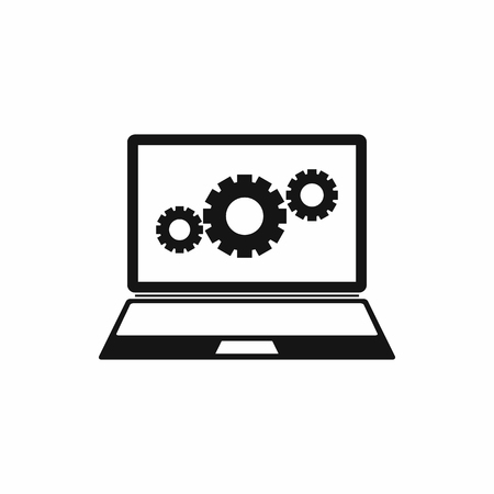 Laptop with gears icon in simple style on a white backgroundのイラスト素材