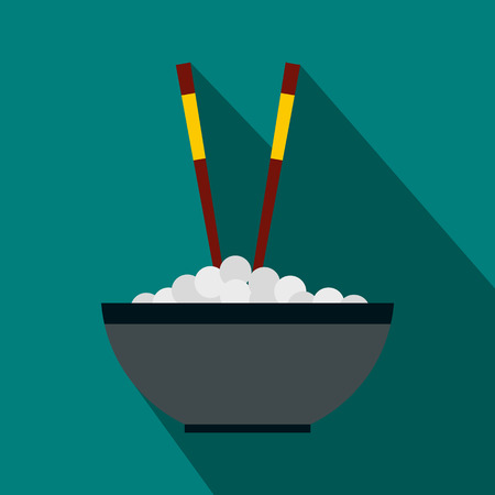 Bowl of rice with pair of chopsticks icon in flat style on a blue backgroundのイラスト素材