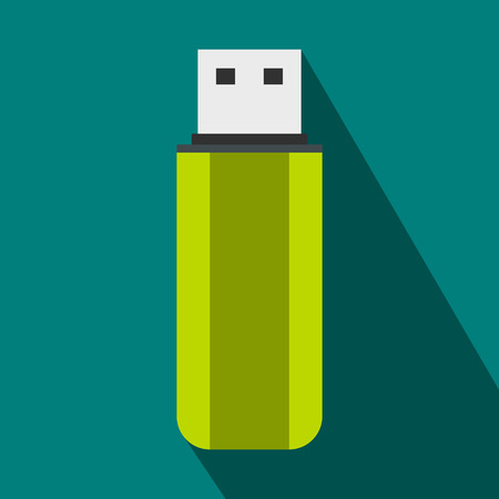 Green USB flash drive icon in flat style on a blue backgroundのイラスト素材