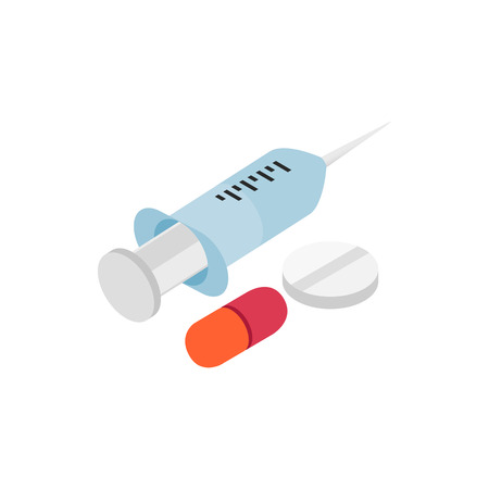 Syringe and pills icon in isometric 3d style isolated on white background. Medical tools and medicament symbolのイラスト素材