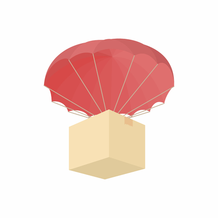 Humanitarian aid in a box with a parachute icon in cartoon style on a white backgroundのイラスト素材