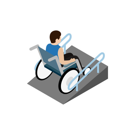 Man sitting on wheelchair on the ramp icon in isometric 3d style on a white backgroundのイラスト素材