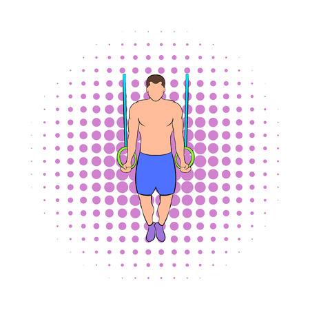 Man training on gymnastic rings icon in comics style on a white backgroundのイラスト素材