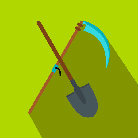 Scythe and shovel flat icon on a green backgroundの写真素材
