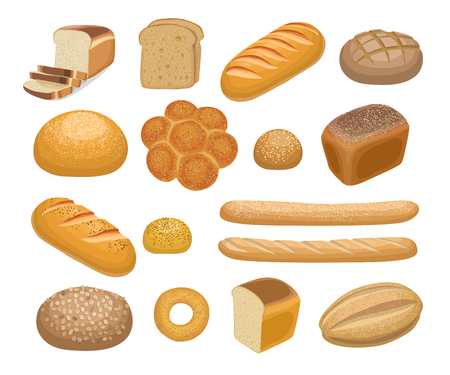 Bread, bakery products set in cartoon style isolated on whiteの写真素材