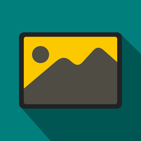 Snapshot icon in flat style on green background. Landscape shot iconの写真素材