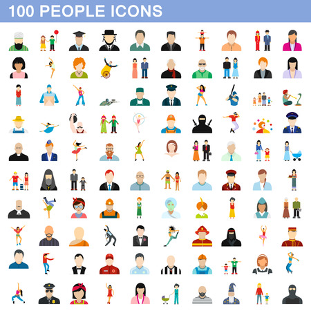 100 people icons set in flat style for any design illustrationの写真素材
