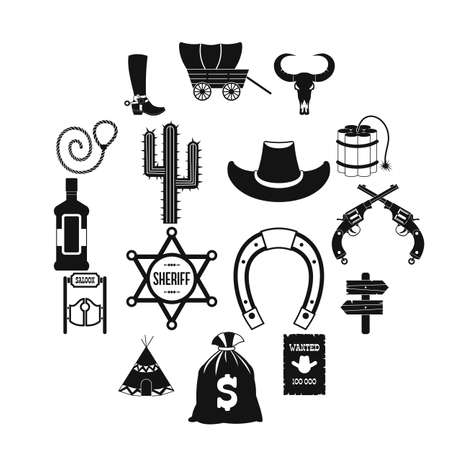 Wild west cowboy black simple icons isolated on white backgroundのイラスト素材