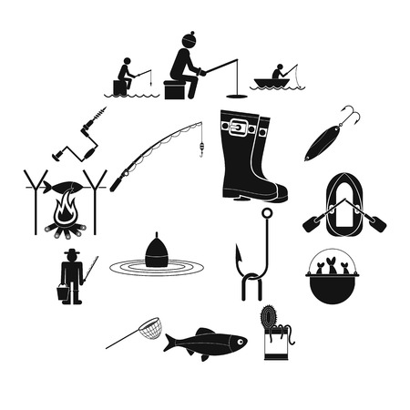 Fishing black simple icons set for web and mobile devicesのイラスト素材