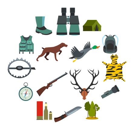 Hunting flat icons set isolated on white backgroundのイラスト素材