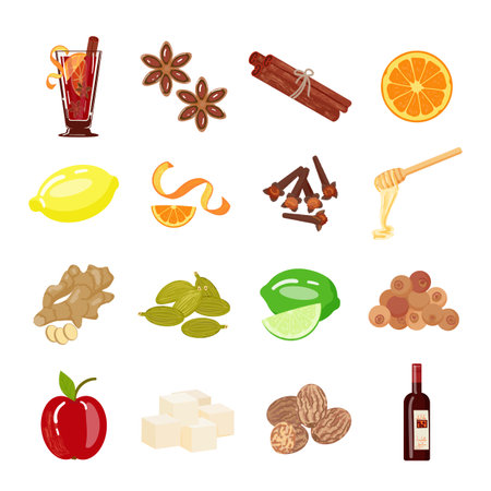 Mulled wine icons set cartoon vector. Red wine. Hot cupのイラスト素材