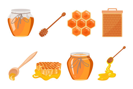 Honey icons set cartoon vector. Jar glass. Organic nutritionのイラスト素材