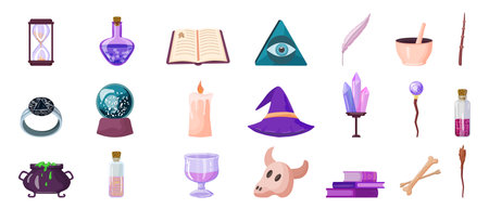 Wizard tools icons set cartoon vector. Magic wand. Show trickのイラスト素材
