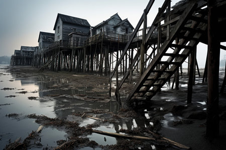 An abandoned pier with a view of the travel harbor, surrounded by nature and sea. Generate AIの素材