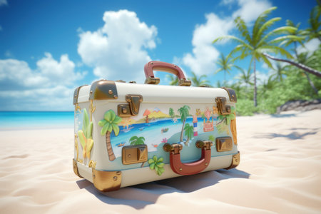 Summer concept of leisure and travel, a suitcase on a tropical beach with the sea in the background. Generate AIの素材