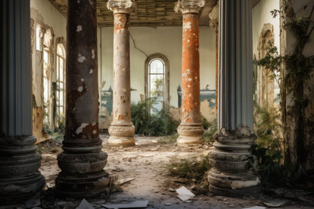 Ornate Antique columns abadoned. Art nature stone. Generate AIの素材